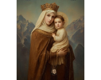 Un cordón entre el cielo y la tierra - Nuestra Señora del Carmen - Impresión de las Almas Santificadas - Varios tamaños - Pósters verticales mate premium