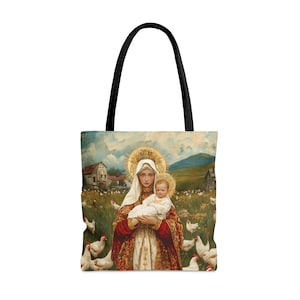 Unsere Liebe Frau der Hühner: Beschützerin der Humble Flock Tragetasche - Große Mittel Kleine Glaube Kunst Tasche - Katholische Glaube Geldbörse - Religiös