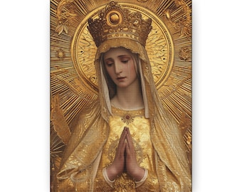 Puede incluir: Una pintura de la Virgen María, representada con una corona y un halo dorado. Lleva una túnica blanca fluida y tiene las manos juntas en oración. Su rostro es triste y una sola lágrima le recorre la mejilla.