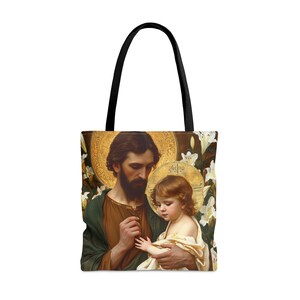 Heiliger Joseph und Jesus Einkaufstasche - Große, mittelgroße Glaubens-Kunsttasche - katholische Glaubens-Geldbeutel - doppelseitig - religiöse Kunst - Christuskind