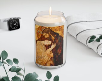 Healing Love Scented Prayer Candle, 13.75oz - Tall Size Natural Soy - Styled as Klimt&#39;s The Kiss - Embrace of Christ and Mary Magdalene