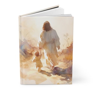 Jesús guiando a un niño en la fe - Cristo y el niño - Diario forrado de tapa dura - Devocional - Diario de doble cara - Diario devocional