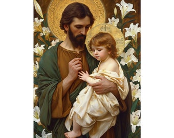 May include: A painting of Saint Joseph holding a young child, both with halos. The background is filled with white lilies.