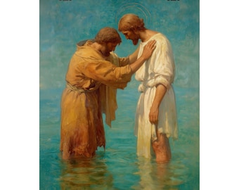 Puede incluir: Una impresión religiosa que representa a dos figuras en el agua. Una figura, con una túnica blanca, tiene un halo y es tocada en el hombro por otra figura con una túnica marrón. El agua es de color azul claro.