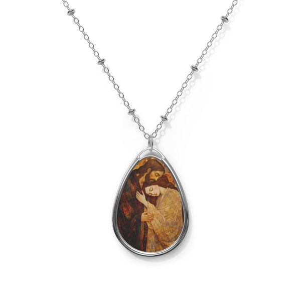 Healing Love- The Embrace of Christ and Mary Magdalene Oval Necklace - Sanctified Souls - Religious Necklace - Based on Klimt's The Kis