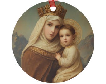 Un cordón entre el cielo y la tierra - Adorno de Nuestra Señora del Monte Carmelo - Adorno navideño y recuerdo religioso - Doble cara
