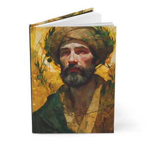 Puede incluir: Una pintura de un hombre con barba que lleva un turbante con hojas verdes alrededor. El fondo es de color amarillo y dorado con un patrón de hojas y flores.
