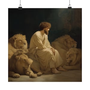 Faith Amid the Beasts - Daniel in the Lions Den - Sanctified Souls Print - Multiple Sizes - Premium Matte Vertical Posters - Bible Story