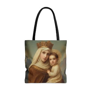A Cord Between Heaven and Earth - Our Lady of Mount Carmel Tote Bag - Large Medium Small Faith Art Bag - Catholic Faith Purse - Double Sided