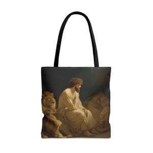 Faith Amid the Beasts - Daniel in the Lions Den Tote Bag - Large Medium Small Faith Art Bag - Bible Study Faith Purse - Double Sided
