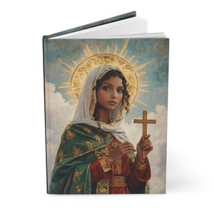 May include: A painting of a woman with dark brown hair and skin, wearing a green and gold robe and a white head covering. She is holding a wooden cross in her right hand. The background is a light blue sky with clouds.