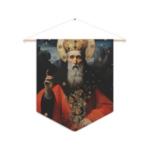 May include: A painting of a man with a long white beard wearing a red and gold robe and a crown. He is surrounded by a dark background with gold accents.