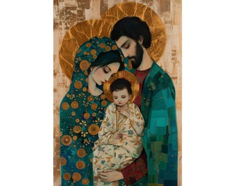 May include: A painting of a holy family with a mother, father, and child. The mother is wearing a blue and gold robe with floral patterns. The father is wearing a blue and green robe. The child is wearing a white robe with floral patterns. The painting is done in a realistic style with a focus on detail.