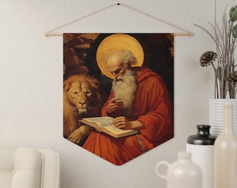 Saint Jerome Wall Banner / Wall Hanging - Prayer room art - Catholic Home Art - Large Saint Art for your home - 18&quot; x 21&quot;