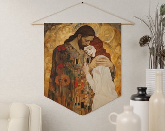 Christ Embracing Mary Magdalene Wall Banner / Wall Hanging / Pennant - Prayer room Art - 18&quot; x 21&quot; - Based on The Kiss by Gustav Klimt