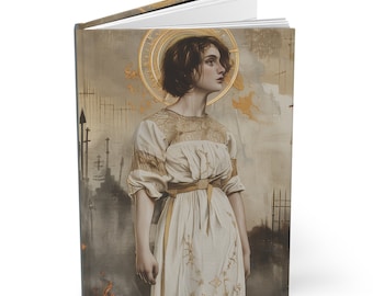 May include: A woman in a white dress with gold embroidery stands in front of a background with a gold halo and a blurred cityscape. The dress has a gold belt and the woman has short brown hair.