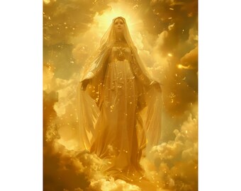 Vierge Marie - Soleil mystique - Impression d'affiche de Marie dorée - Impression d'âmes sanctifiées - Plusieurs tailles - Posters premium - Art catholique