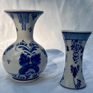 Delft Pair of Vintage Delft Flower Vases, blue and white, Cottagecore
