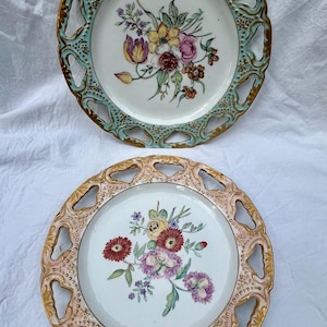 Rare Antique Art Nouveau French Faïence Hand Painted Floral Porcelain Plates Ornate w/ Pierced Gold Gilt Trim Wall Decor