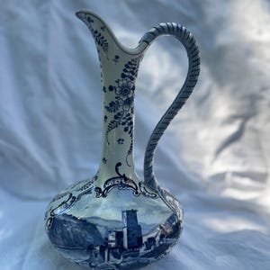 Vintage Delft Flower Vase or Water Pitcher, blue and white, cottagecore