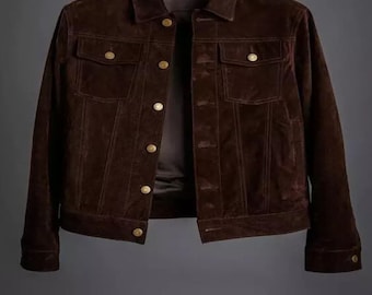 Men's Suede Leather Jacket Trucker Style Real Suede Leather Shirt Jacket Brown