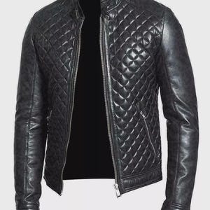 Men&#39;s Black Quilted Leather Jacket Biker Style Real Lambskin Leather Jacket
