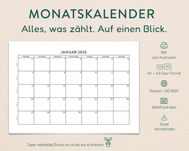 Kalender 2025 Zum Ausdrucken | PDF | A4 & A3 Querformat | Deutsch | Mit