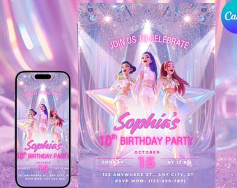 May include: A birthday party invitation featuring three animated figures in a star-shaped stage. The invitation is in shades of pink and purple, with the text "Sophia's 10th Birthday Party" and event details.