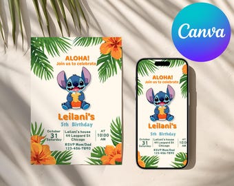 Lilo and Stitch Birthday Invitation: Hawaiian Luau, Editable Canva Template (Digital & Printable)