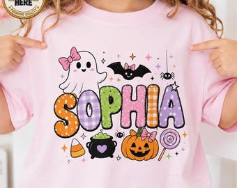 Custom Ghost Bow Shirt, Personalized Halloween Name Tee, Cute Girls Toddler Halloween Shirt, Spooky Season Trick or Treat Outfit