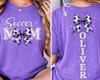 Custom Soccer Mom Name Shirt, Personalized Sport Soccer Bling Tee, Coquette Soccer Bow Mama Shirt, Comfort Colors Cotton Tee