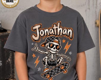 Custom Kids Halloween Sweatshirt, Skater Skeleton Shirt, Personalized Name Toddler Boy Fall Outfit, Cool Skateboard Youth Graphic Sweater