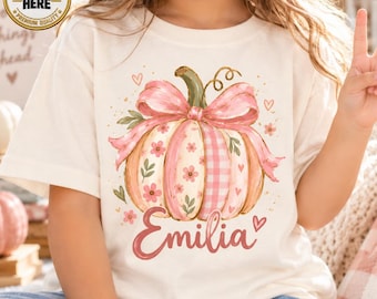Custom Pink Pumpkin Sweatshirt, Coquette Bow Pumpkin Shirt, Personalized Name Fall Tee, Cute Autumn Kids Toddler Pullover Halloween Gift
