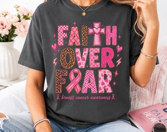 Pink Ribbon Faith Over Fear Shirt, Christian Breast Cancer Awareness Tee, Leopard Print Coquette Survivor Shirt, Hope Gift for Women