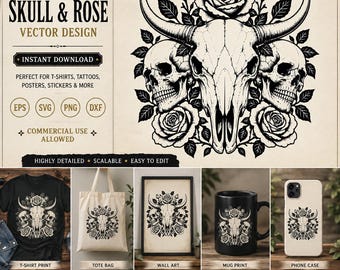 Stier Schädel Rosen SVG, Gothic Western Floral Tattoo Clipart (digitaler Download)