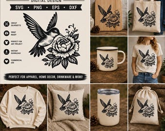 Vintage Kolibri Blumen SVG, Botanische Linie Kunst-Schnittdatei (png, eps, svg, dxf)