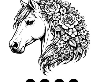 Floral tête de cheval SVG, crinière de fleur élégante, noir et blanc Vector Clipart (téléchargement instantané)