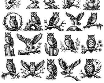 Ensemble de 20 illustrations vectorielles de chouettes des bois (format SVG), clipart de chouettes en vol et nature.