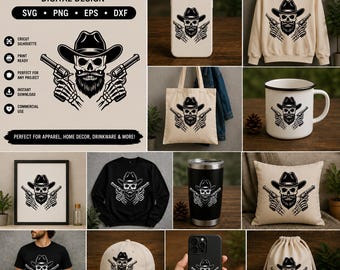 Cowboy-Totenkopf mit Pistolen SVG | Western-Schädel-Vektorgrafik | Skelett Hände Revolver PNG | Cowboy Hut Totenkopf Shirt mit Vintage Motiv