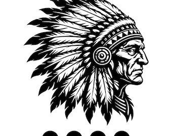 Tête de guerrier tribal SVG, vecteur d'homme amérindien, Boho Design, tatouage des cliparts (fichier de coupe Cricut)