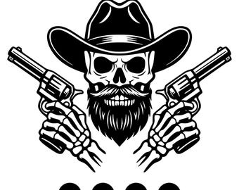 Crâne de cow-boy avec des armes à feu SVG | Vecteur de crâne occidental | Revolver Mains Squelettes PNG | Conception vintage de chemise de crâne de chapeau de cowboy