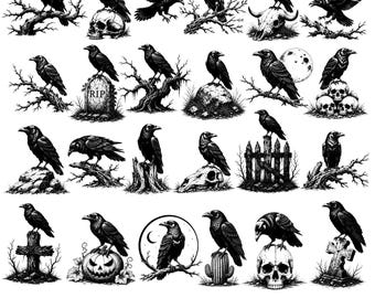 Ensemble d'images clipart gothiques de corbeaux, crânes, citrouilles et pierres tombales (téléchargement numérique)