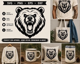 Wütend Grizzly Bär Kopf SVG, Tattoo Stil Waldtier Illustration (Cricut Cut Datei)