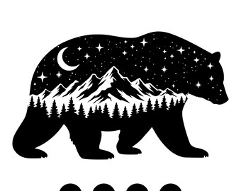 Tête d'ours SVG, montagnes avec ciel nocturne, clipart faune, fichier de coupe Cricut