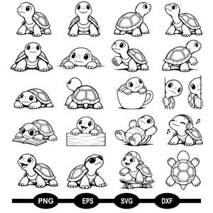 May include: A collection of twenty black and white line art illustrations featuring small turtles in various poses, including sitting, walking, reading a book, wearing headphones, riding a skateboard, and peeking from a cup, with PNG, EPS, SVG, DXF text.