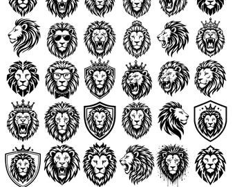 Lot de 30 têtes de lion uniques au format SVG, clipart Lion royal au format PNG, fichier de découpe Cricut