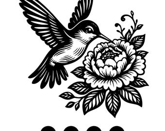 Vintage Colibri Floral SVG, fichier de coupe d'art botanique au trait (png, eps, svg, dxf)