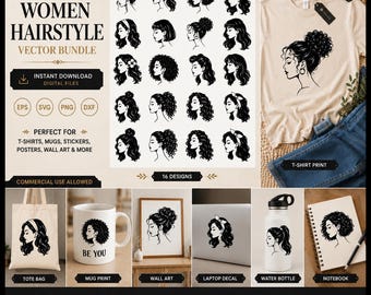 16 Frauen Frisuren SVG Bundle, elegante weibliche Silhouetten (digitaler Download)