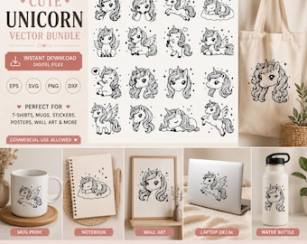 20 Kawaii Einhorn Designs Clipart, magisches Einhorn SVG Bundle (digitaler Download)