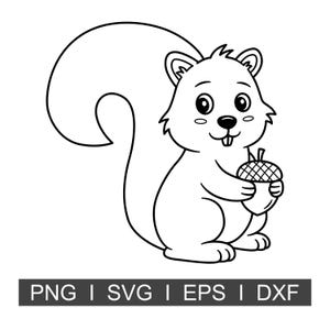 Puede incluir: Ilustración de dibujos animados en blanco y negro de una ardilla sosteniendo una bellota. La ardilla tiene una cola grande y esponjosa y está sonriendo. El texto en la parte inferior dice: PNG | SVG | EPS | DXF.